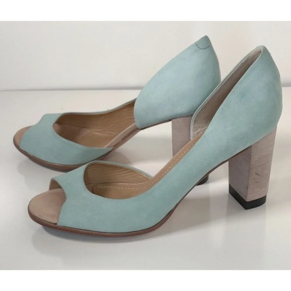 Masiero Aqua Blue Nubuck Leather Peep Toe D'Orsay Block Heels 11‎ Wedding 81-02